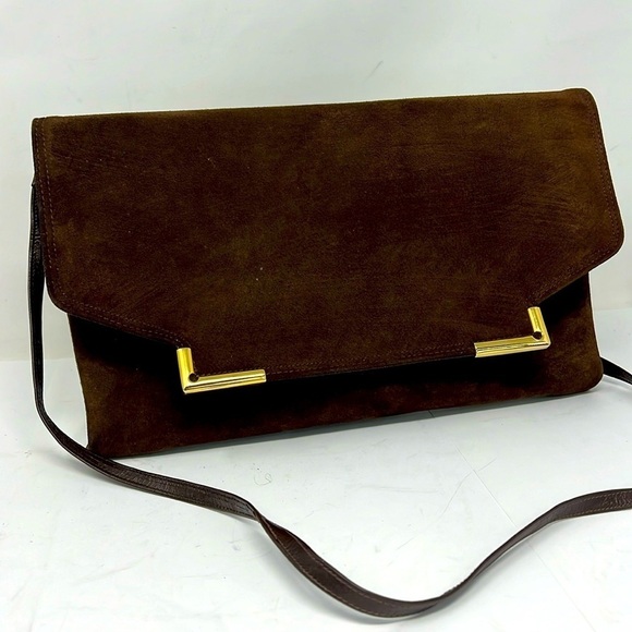 Block Brown Suede Envelope Snap Closure Shoulder Clutch Bag - Picture 1 of 12